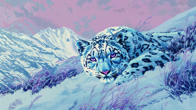 Photo snow leopard peeking through the snow icy cyan surroundings