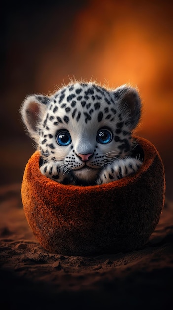 a snow leopard in a pot with a leopard on the side