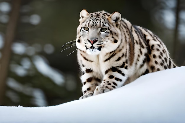 A snow leopard sits on a snowy hill in the snow.