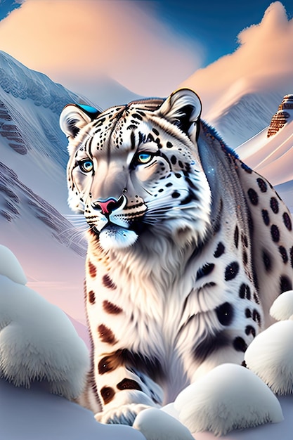 Snow leopard in the snow covered mountains Digital artwork