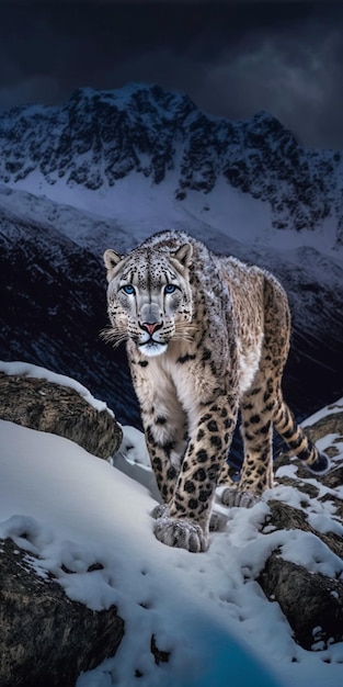 Snow leopard standing on top of a snow covered mountain generative ai