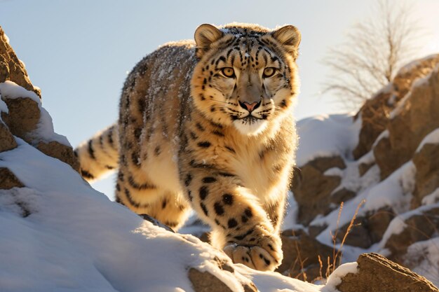 a snow leopard walking on a snowy hill