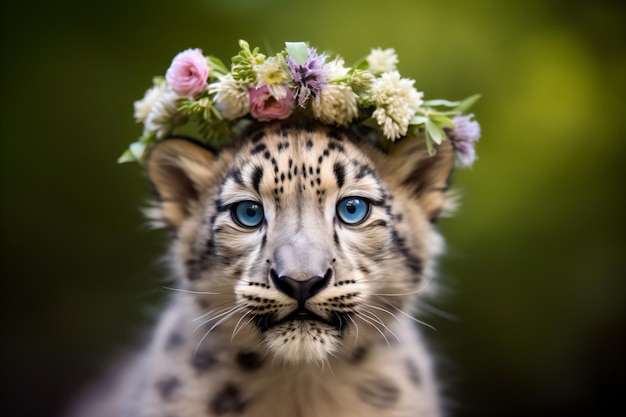 a snow leopard with a flower crown on its head