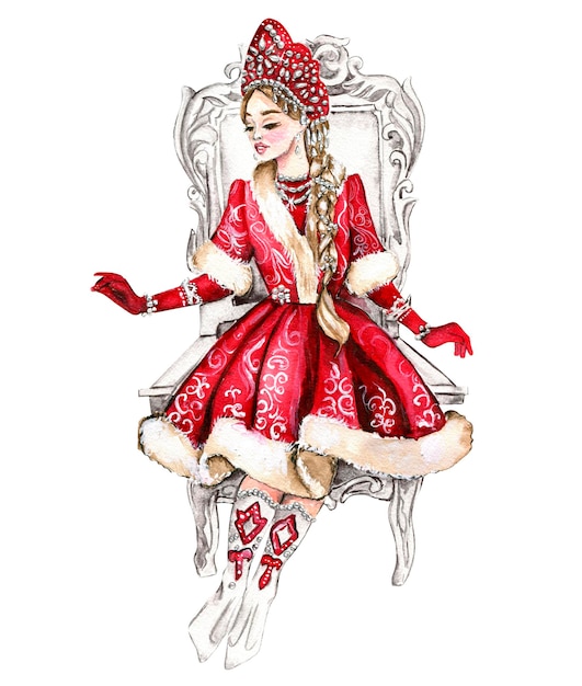 The Snow Maiden in a christmas dress Watercolor illustration Snow Maiden fabulous