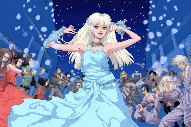 Snow Maiden dancing at a rave party manga style comic