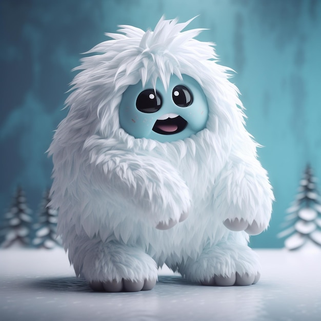 A snow monster with a blue background and a snow covered landscape.