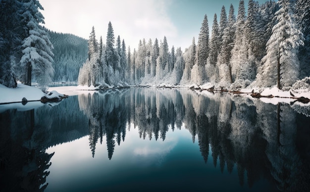 Snow Morning at Lake winter mountain Beautiful background Generative AI