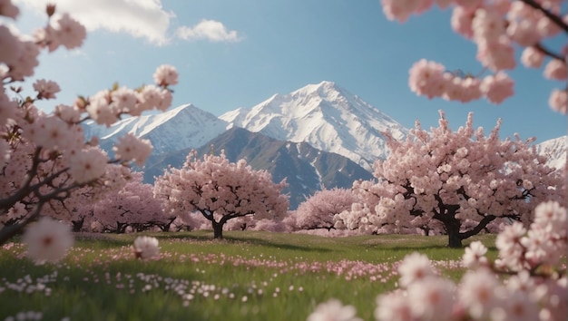 Snow mountain landscape background with pink cherry blossoms