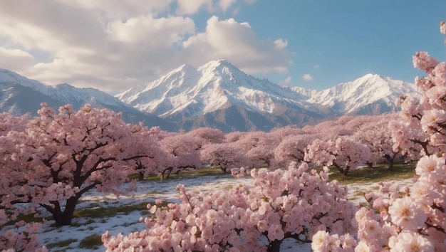 Snow mountain landscape background with pink cherry blossoms