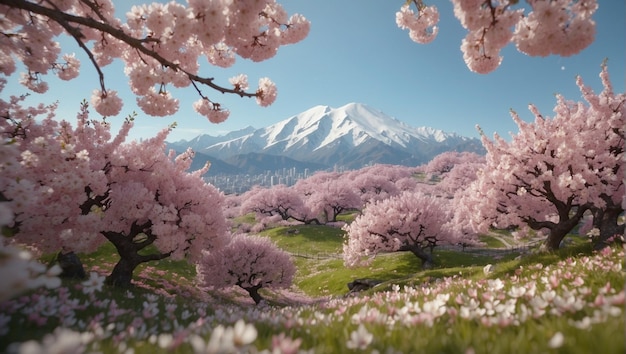 Snow mountain landscape background with pink cherry blossoms