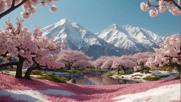 Snow mountain landscape background with pink cherry blossoms