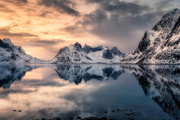 Snow mountain reflection on arctic seashore at sunset