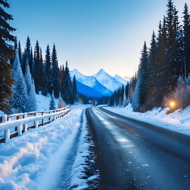 Snow Mountain Road Forest Blue Sky Beautiful Nature Landscape Wallpaper Illustration Background