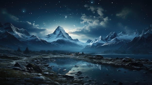 Snow mountain with a starry sky