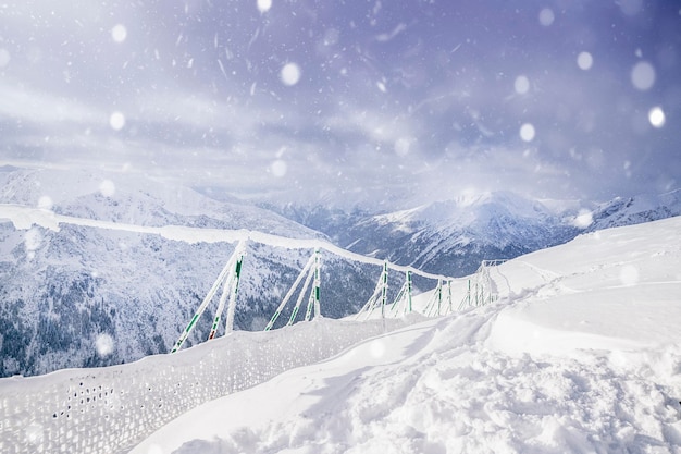 Snow mountains with low white clouds . Zakopane, Poland. High quality photo