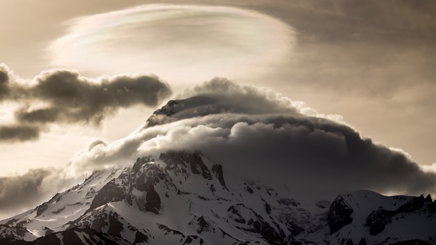 Snow peak of Mount Kazbek in the evening