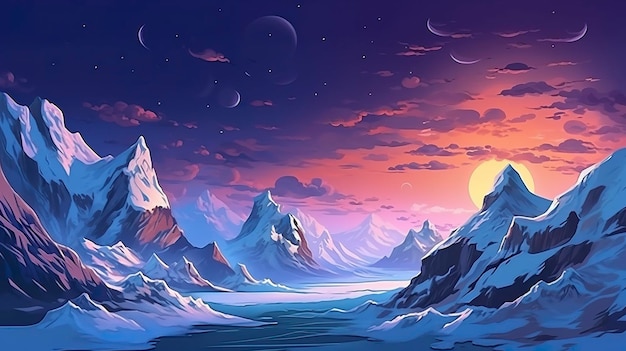 Snow peaks and glaciers on the dark sky landscape illustration AI Generative