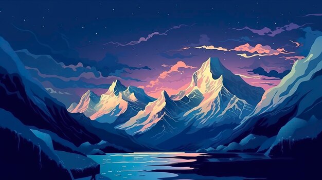 Snow peaks and glaciers on the dark sky landscape illustration AI Generative