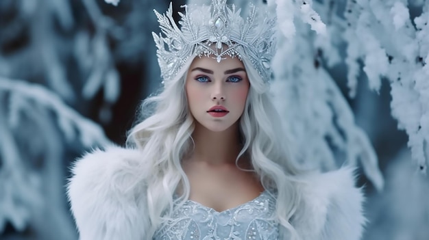 The Snow Queen on the background of a winter landscape fantasy portrait