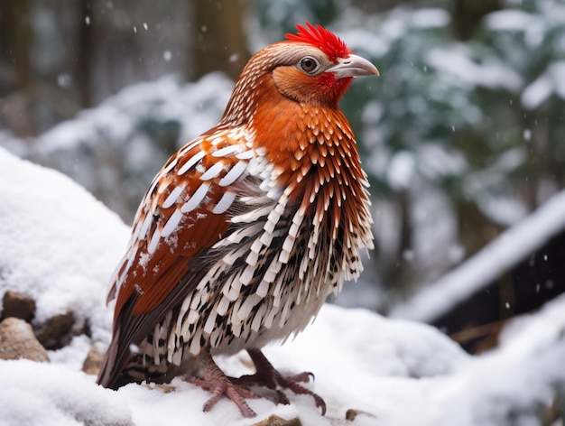 Snow red partridge bird sitting on tree branch wallpaper AI Generated Image