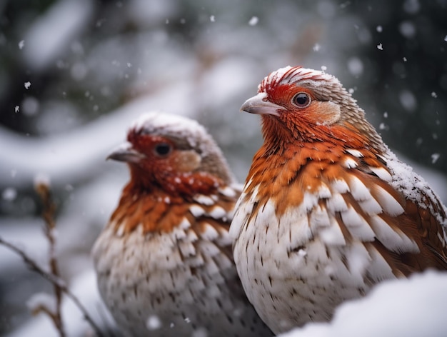 Snow red partridge bird sitting on tree branch wallpaper AI Generated Image