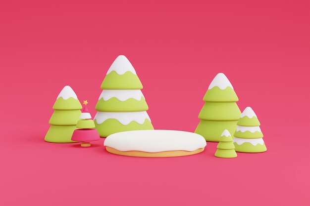 Snow on round podium surrounded by Christmas tree ,minimal 3d design Xmas Decorations.3d render illustration.