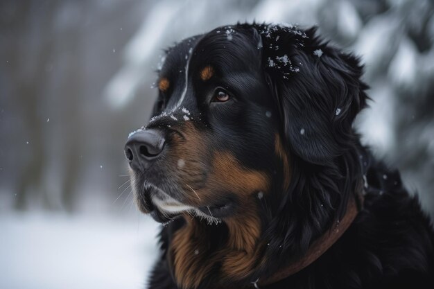 In the snow there is a black dog Winter