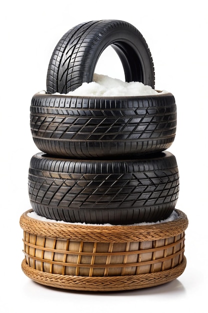 Photo snow tyres stacked with basket on transparent background