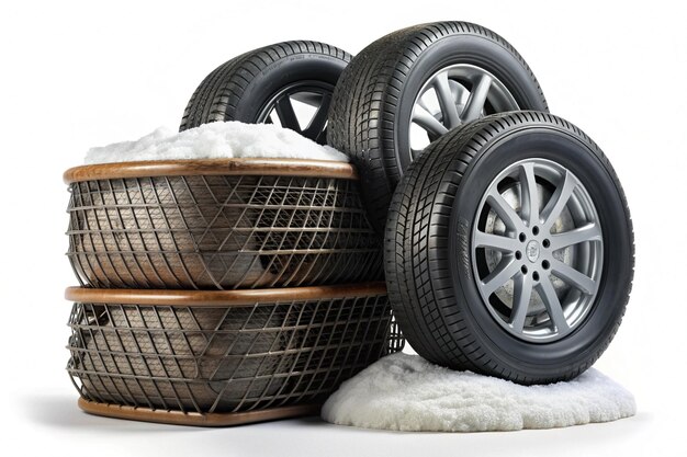 Photo snow tyres stacked with basket on transparent background