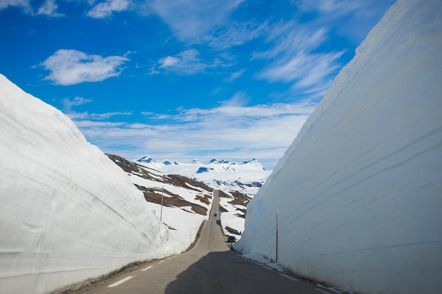 Snow walls around a mountain road