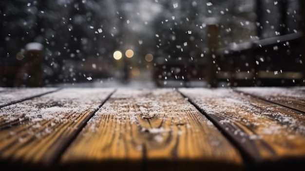 Snow on a wooden deck with a blurry background