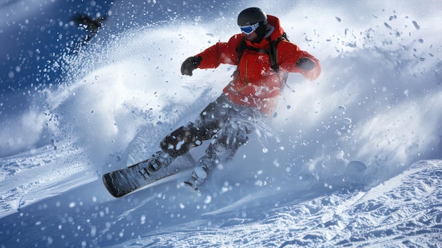 A snowboarder carving through fresh powder on a snowy slope