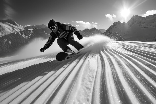 Photo a snowboarder cuts elegant curves on a pristine mountain slope the sun casting a bright light on the snow a snowboarder carving graceful arcs on a perfectly groomed run