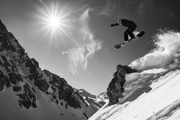 A snowboarder executes a stylish grab trick against a backdrop of snowcovered mountains and a bright sun A snowboarder performing a stylish grab trick midair