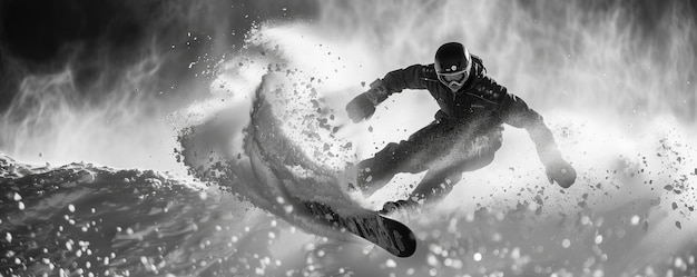 Photo a snowboarder executing a complex trick in midair the snow spraying around them like a snowstorm