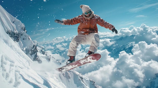 Photo snowboarder executing an impressive jump against a mountain and blue sky backdrop