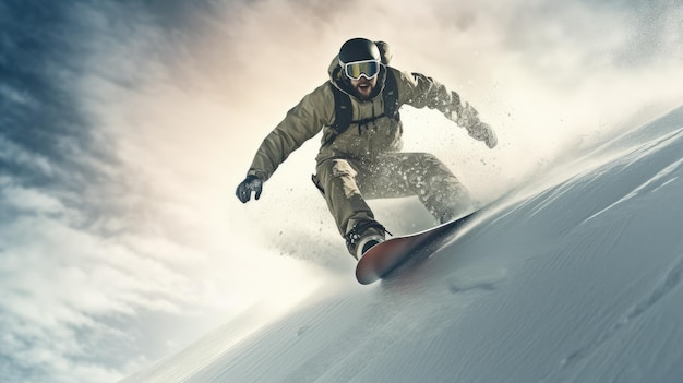 Snowboarder going down a hill with snow on his helmet