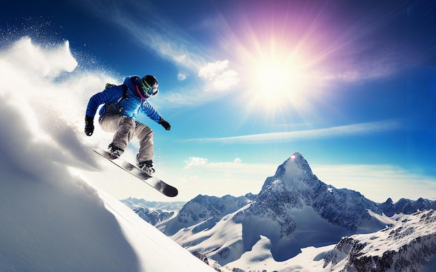 A snowboarder is going down a mountain with a bright sun shining on the background.