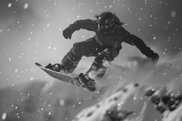 Photo snowboarder in midair captured in black and white