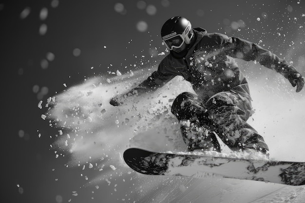 Snowboarder in Midair Captured in Black and White