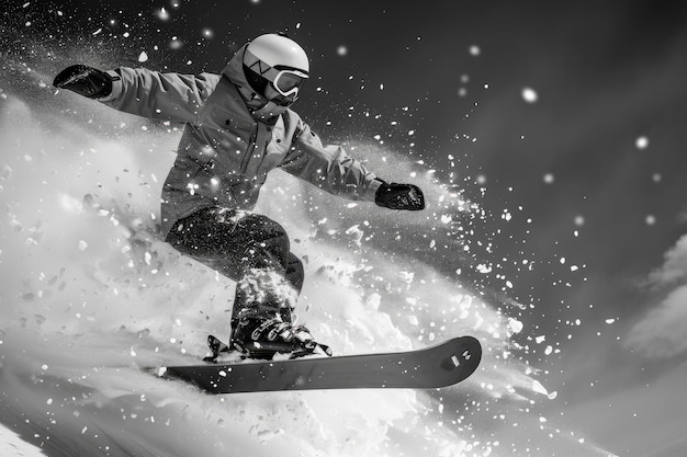 Snowboarder in Midair Captured in Black and White