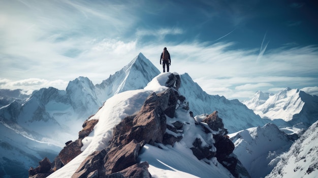 Snowboarder perched atop a jagged peak ready to descend down a rocky slope