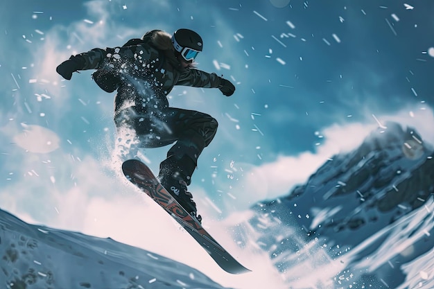 Photo snowboarder performing an air jump on a snowy hill