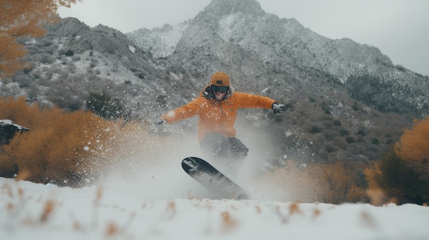 Photo snowboarder performing spectacular jump on snow mountain extreme sport action at its peak