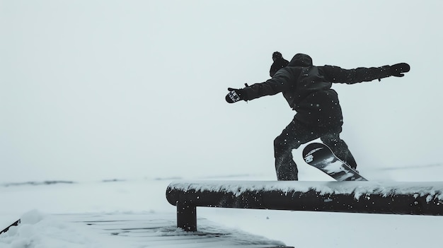 Photo a snowboarder performs a trick jumping off a rail on a snowy day