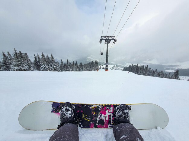 Snowboarder point of view from the slope