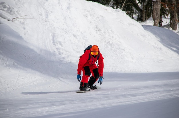 A snowboarder in a red jumpsuit rides along a forest track in the mountains