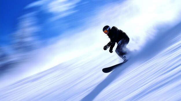 Photo a snowboarder rides down a mountain at high speed motion blur