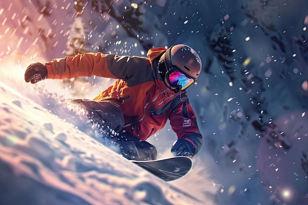 Photo snowboarder riding down snowy mountain slope