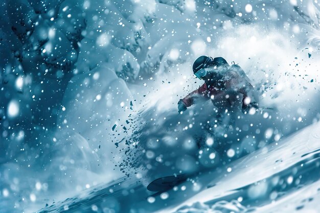 Snowboarder Shredding Through Snowstorm with Vibrant Colors